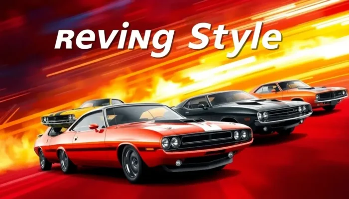 A collage of iconic muscle cars from the 1960s to present day.
