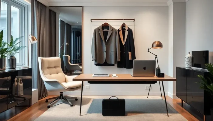 A modern home office with elegant fashion elements and chic decor.