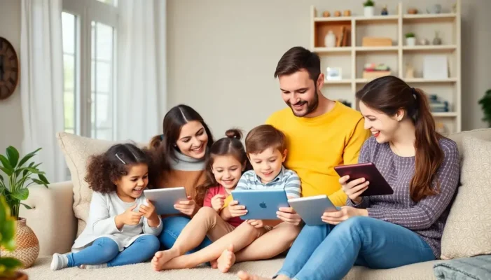 Family happily interacting with various tech gadgets, emphasizing unity and technological engagement.