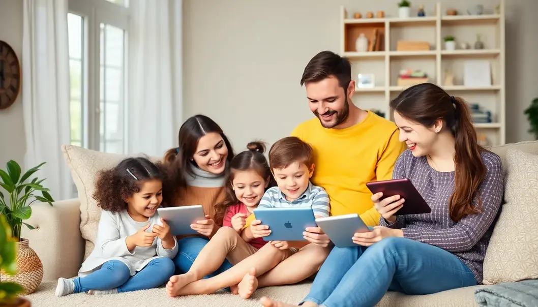 Family happily interacting with various tech gadgets, emphasizing unity and technological engagement.