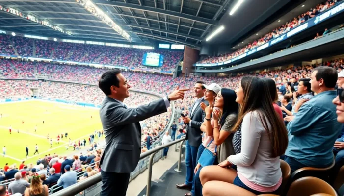 A concierge assisting fans in a stadium with directions to VIP sections.